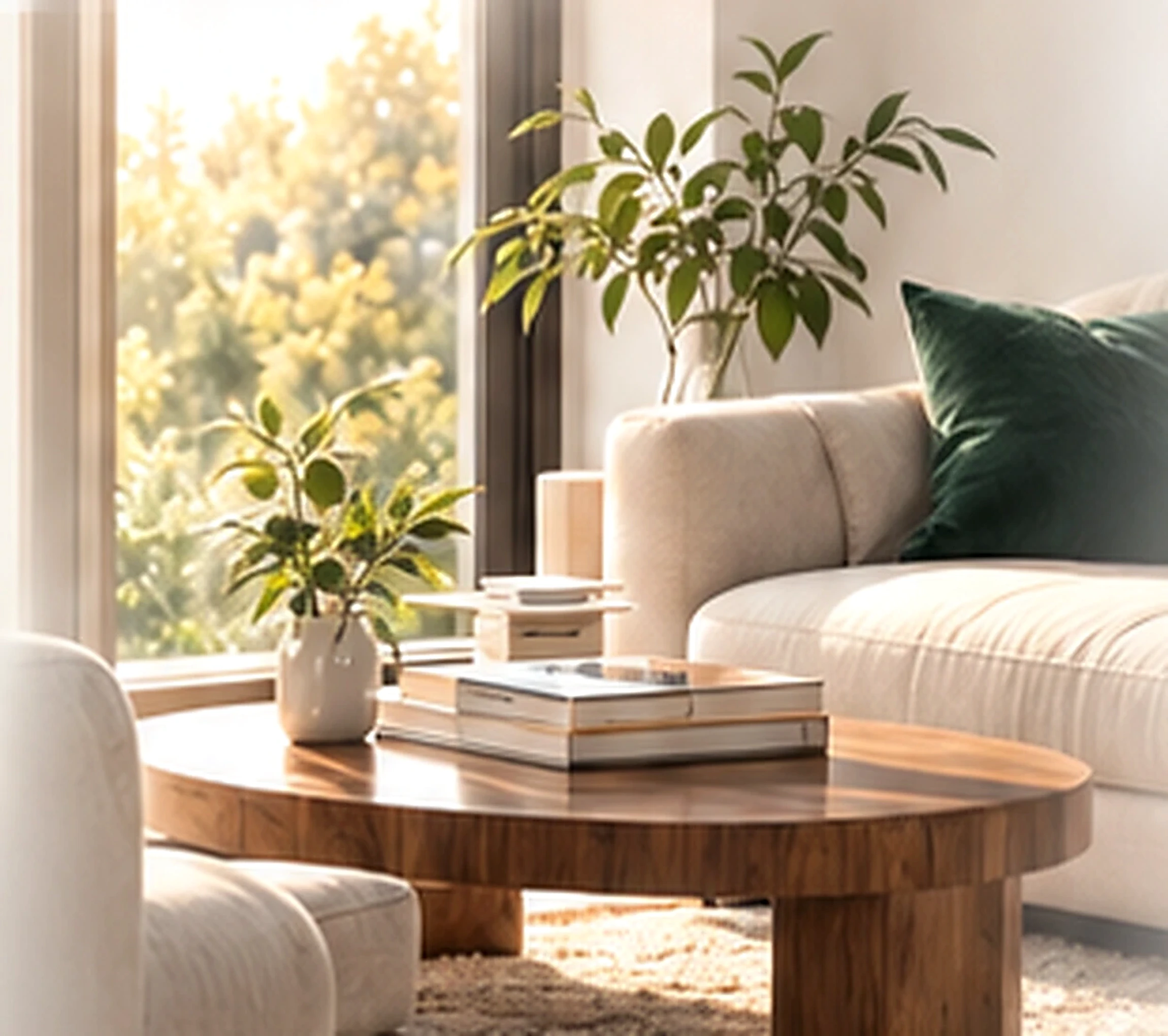 Living modern, luminos, cu plante și canapea
